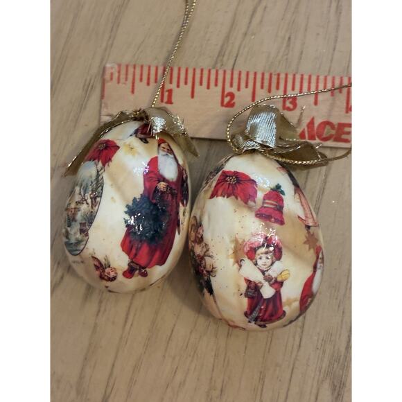 2 Vintage Paper Mache Decoupage Victorian Egg Christmas Ornaments Santa Girls - Picture 3 of 5